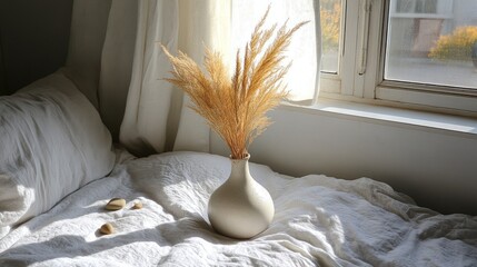 Pampas grass in vase on bed.
