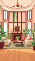 Interior view of a drawing room with plants