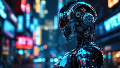 Fototapeta premium Futuristic robot with gears in cyberpunk city at night