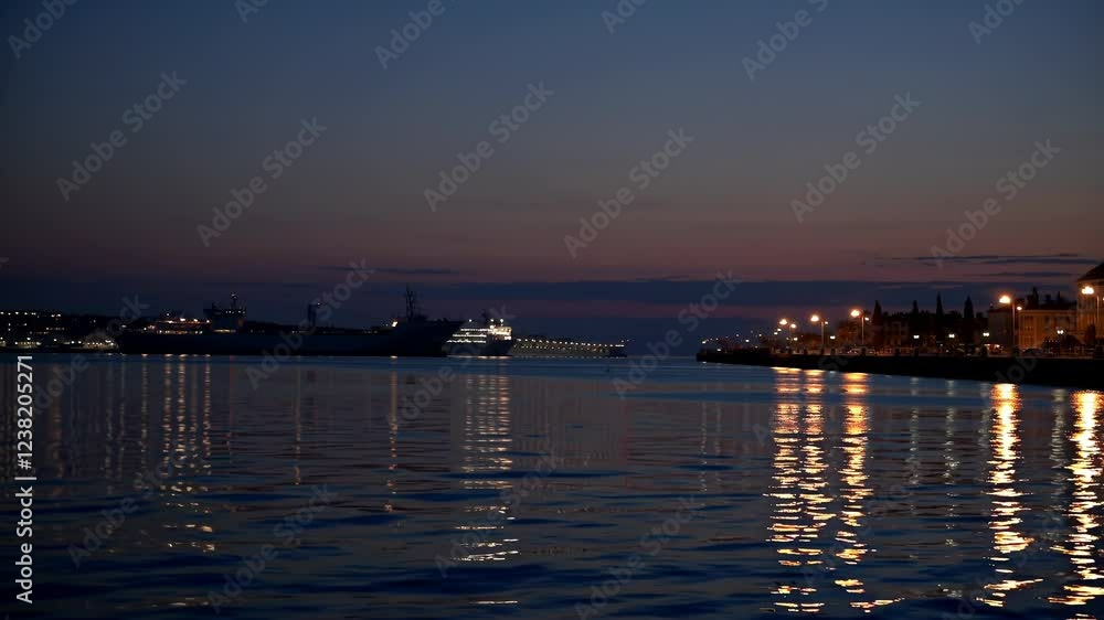 Poster a distant, hazy scene capturing the ship’s outline, harbor lights beginning to twinkle as the last s