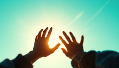 Silhouette of hands reaching towards bright sunlit sky