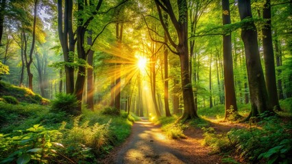 Obraz premium Dreamlike summer forest bathed in magical sunlight, lush greenery abounds.