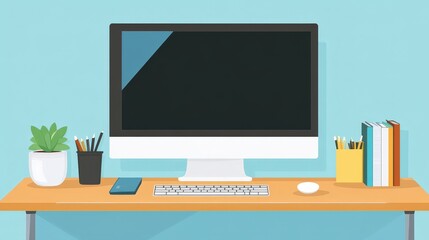 office desk setup with a computer monitor, keyboard, mouse, and a set of organized office supplies, perfect for a focused workday