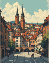 Fototapeta premium France: Modern Poster Illustration Travel Print Decor Gift Paper Canvas Wall Retro Art