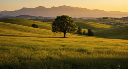 Fototapeta premium Serene Sunset Landscape Rolling Hills and Lone Tree