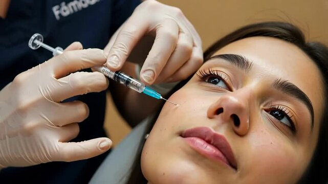 Woman, injection and doctor with botox or filler for beauty, cosmetic and facial treatment