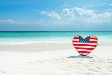 Heart-shaped American flag on a beautiful tropical beach
