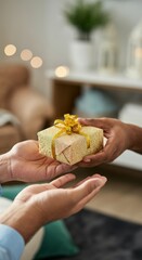 Ramadan celebration. A man offering a small wrapped gift to a friend, symbolizing the spirit of giving during Ramadan