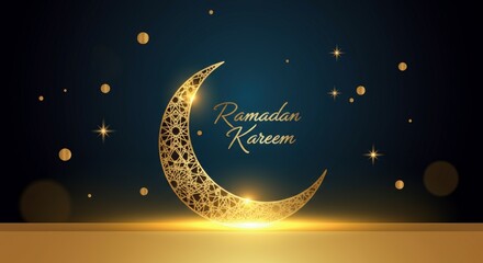 Naklejka premium Elegant golden crescent moon with Arabic calligraphy for Ramadan Kareem celebration