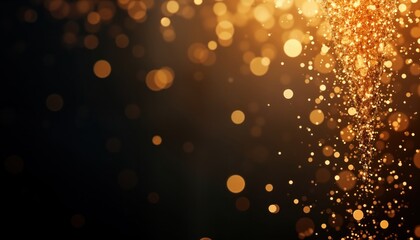 Golden glitter particles fall against dark background. Shiny sparkles create festive effect. Abstract design ideal for holiday celebration themes. Glistening particles form dramatic cascade. Elegant