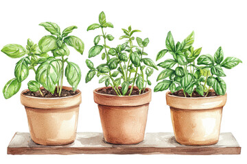 Fototapeta premium A trio of potted herbs displaying vibrant green leaves, arranged on a wooden surface.
