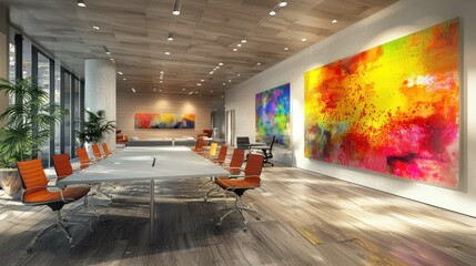 Modern Conference Room with Bright Artwork and Sleek Design