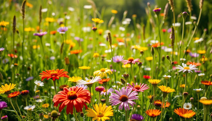 Fototapeta premium Sunlit Meadow with Wildflowers