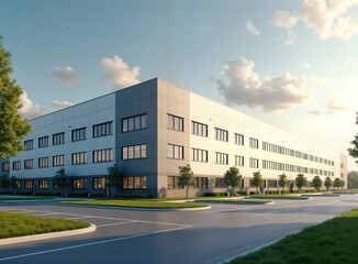 Modern industrial enterprise building exterior in summer. Large facility with light beige, grey facades. Parking area around building. Green lawns, small trees. Sunny day. Professional architectural