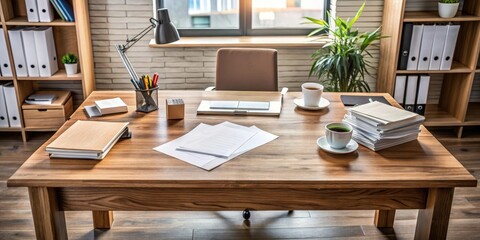 Fototapeta premium Detailed wooden desk with scattered papers, work station