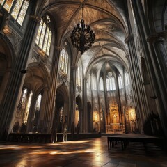 Sunlit Gothic church interior