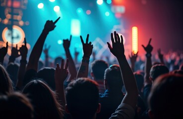 Excited crowd at live music performance. Hands raised high. Energetic atmosphere in concert hall. People enjoying rock, roll music. Youth culture event. Great energy. Enthusiastic audience. Live