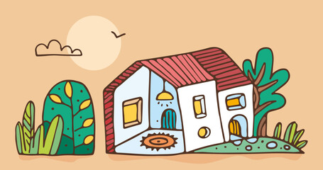 Illustration style dessin animé bande-dessinée d'une maison individuelle et de son aménagement intérieur, achat de logement immobilier ou location, scène de vie dans un village à la campagne
