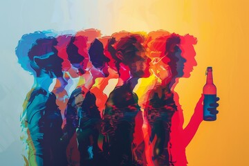 Group of friends, one holding a bottle, reflecting peer pressure