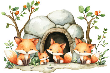 A delightful family of foxes gathered near their cozy den, surrounded by greenery and rocks, showcasing their playful nature.
