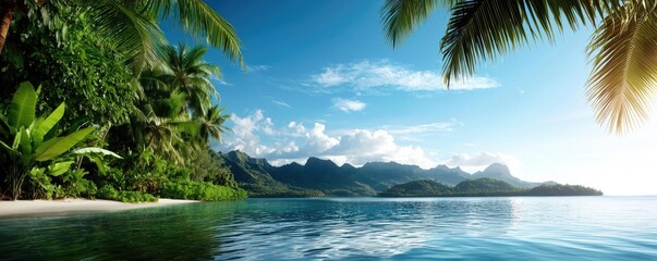 Tropical island nature concept. Serene tropical landscape with palm trees and clear blue waters under a bright sky.