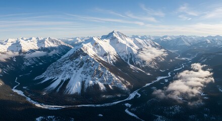 Obraz premium Stunning Aerial View of Snow Covered Mountains and River Valley