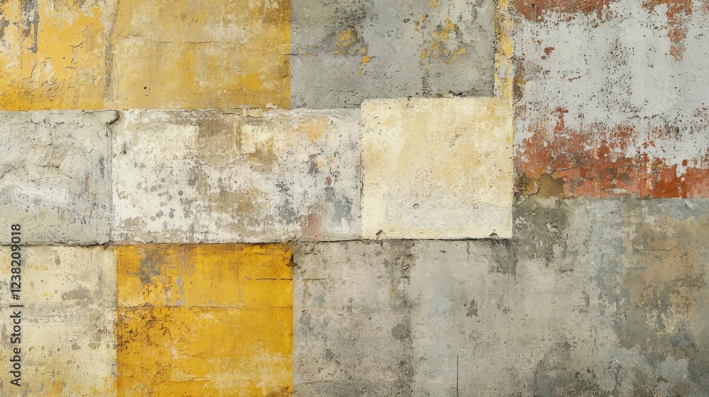 Poster textured wall with grunge patterns and colorful blocks of plaster