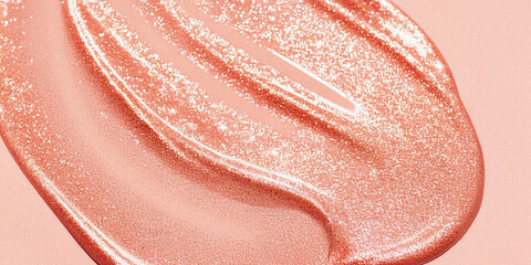Shiny glittered texture of lip gloss with shimmering, liquid and soft decorative cosmetic product, close-up photo