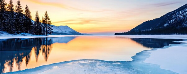 Frozen lake nature concept. A serene winter landscape featuring snow, frozen lake, and colorful sunset reflections.