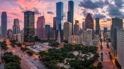 Obraz premium City skyline at sunset with vibrant colors.