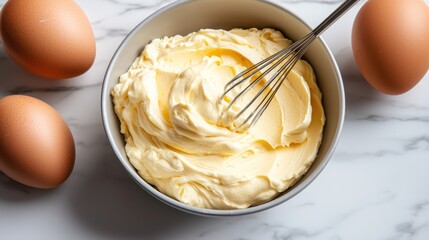 A bowl of creamy butter or frosting with eggs nearby, ready for baking or cooking.