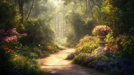 Obraz premium serene path leads through a lush garden, surrounded by the scent of flowers and the gentle rustling of leaves.