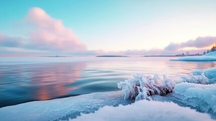 Obraz premium Frozen lake nature concept. Serene winter seascape with icy shores and a pastel sky reflecting over calm waters.