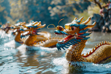 Obraz premium Beautiful holiday composition for happy celebrate chinese dragon boat festival, abstract vivid composition consists of fictional unreal fantastic vision on background