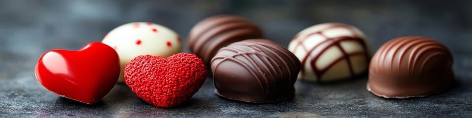 Obraz premium Valentine s Day Candies An Assortment of Fine Chocolates and Candy Hearts on a Dark Background