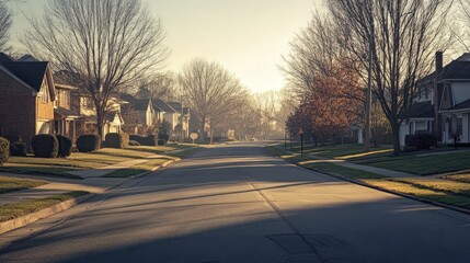 suburban street during the day, where birds chirp and the sun casts long shadows on the pavement.