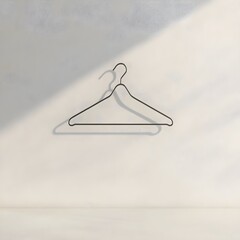 A single wire hanger is hanging on a wall, casting a shadow. The scene is minimalistic with soft lighting and a neutral background.