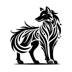 Tribal Wolf Tattoo Design: Black and White Ink Art. Majestic Canine, Mystical Creature, Nature-Inspired Pattern