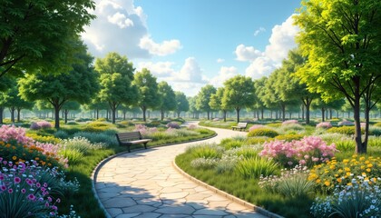 Obraz premium Eco friendly park with native plants. Sustainable landscaping practices. Sunny day in park. Walking path winds through trees, flowers. Rich plants. Relaxing atmosphere. Ideal for nature lovers. Eco