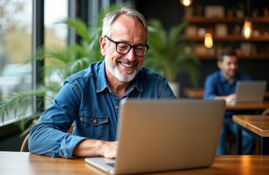 Happy mature man uses laptop in cafe. Older man working online. Casual wear. Smiling while working. Relaxed atmosphere in a cafe. Modern lifestyle. Tech use.