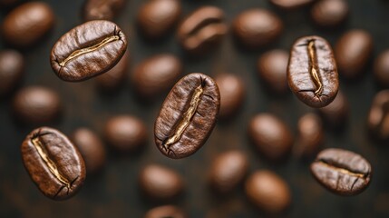 Fototapeta premium Close up Roasted coffee beans falling on heap against brown background