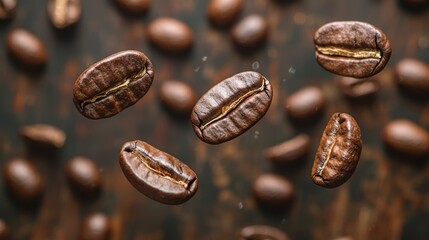 Fototapeta premium Close up Roasted coffee beans falling on heap against brown background 