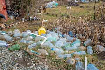 Sibiu, Romania - January 30, 2025. Abandoned places and garbage on the edge of the city near new...