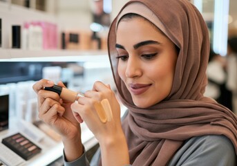 Smiling young Middle Eastern woman in a sleek hijab tests a foundation shade on her hand under soft beauty store lighting.