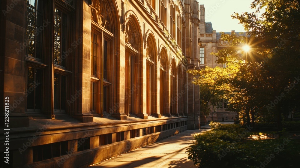 Poster sunlight streaming through historic architecture in urban setting