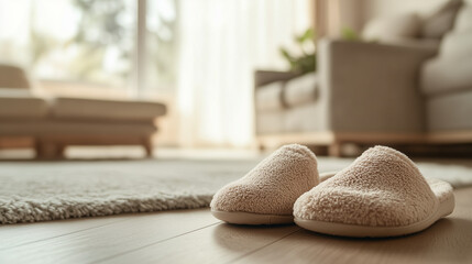Close-up of beautiful, warm, soft beige slippers