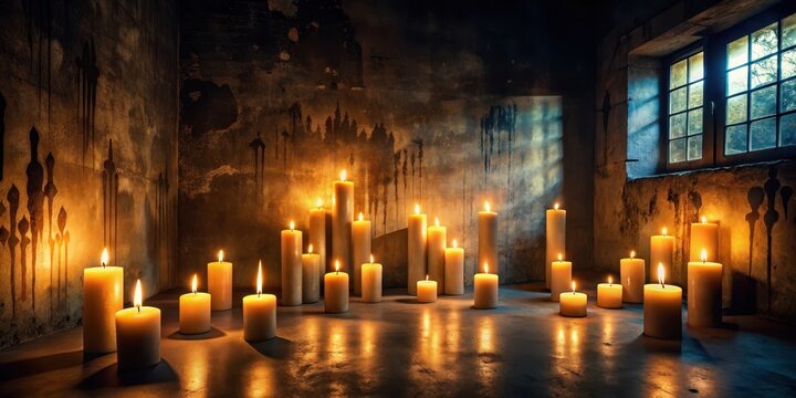 A dark room filled with flickering candles, shadows cast on the walls, with a sense of foreboding and dread