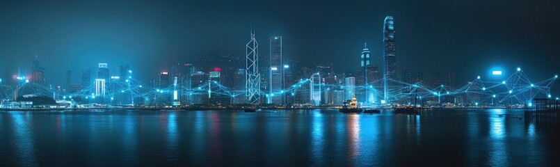 Futuristic cityscape at night with digital network overlay.
