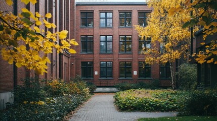 Obraz premium Autumn Scene in Urban Courtyard with Brown Brick Building