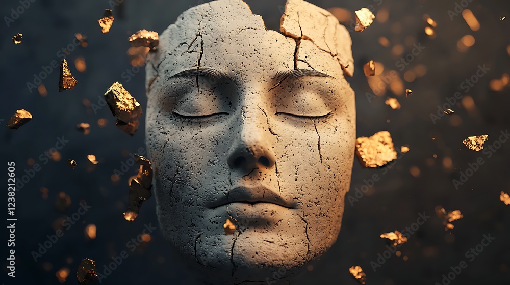 Poster a cracked stone face surrounded by floating fragments, blending elements of art and abstraction to c
